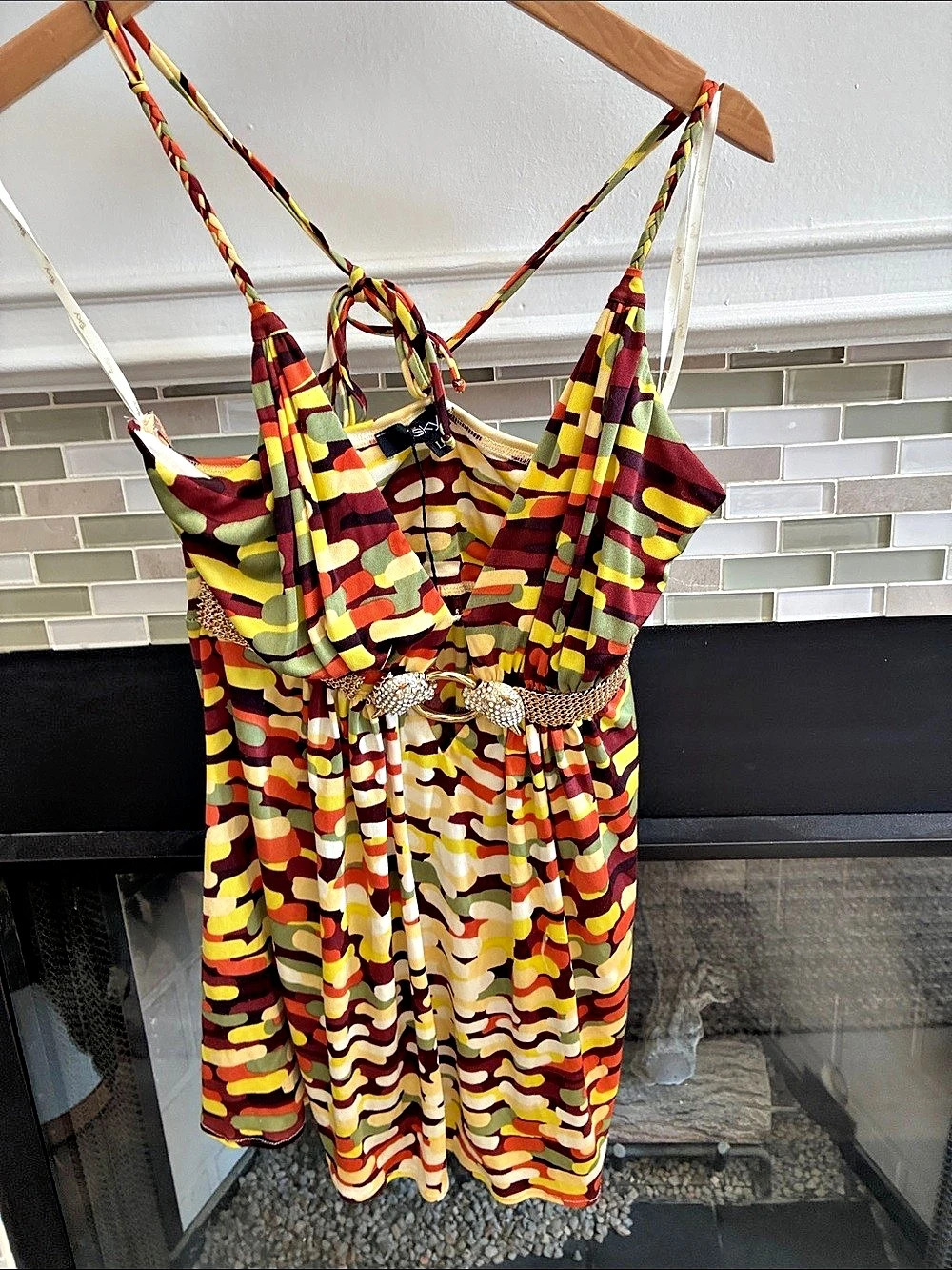 Sky Abstract Print Maxi halter top Yellow & Red Large
